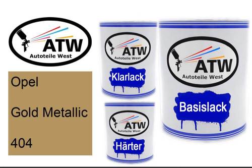 Opel, Gold Metallic, 404: 1L Lackdose + 1L Klarlack + 500ml Härter - Set, von ATW Autoteile West.